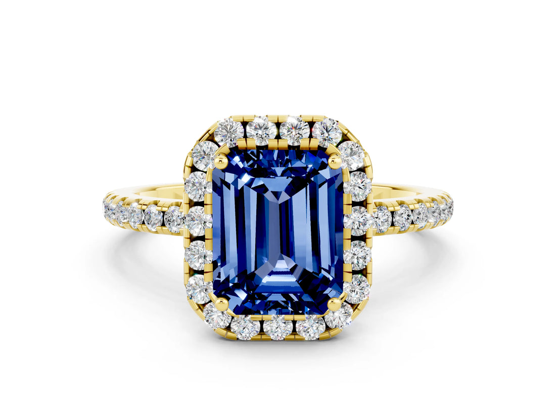 Yellow gold Emerald Cut Halo Round Diamond Pavé Band Four-Prong Ring