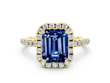 Yellow gold Emerald Cut Halo Round Diamond Pavé Band Four-Prong Ring
