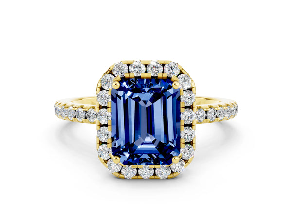 Yellow gold Emerald Cut Blue Sapphire Halo Ring with Round Pavé Band and Prong Setting