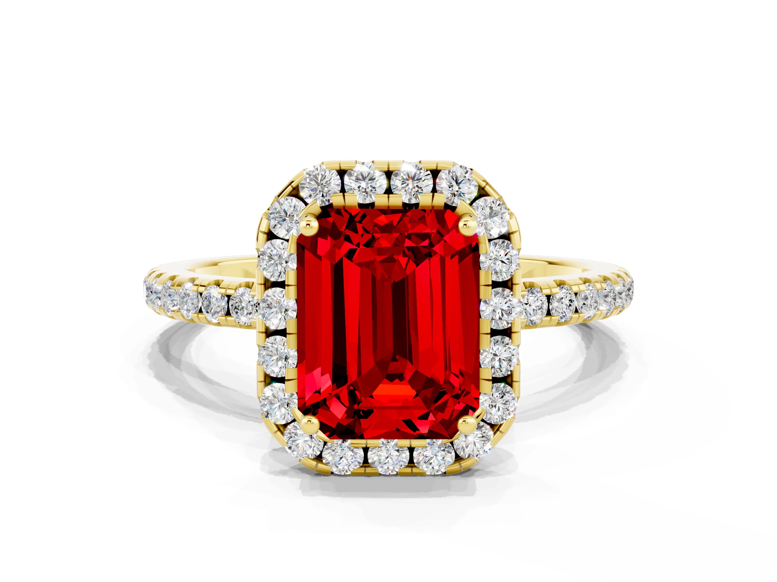 Yellow gold Emerald Cut Halo Round Diamond Pavé Band Four-Prong Ring