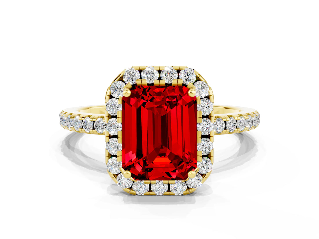 Yellow gold Emerald Cut Halo Round Diamond Pavé Band Four-Prong Ring
