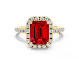 Yellow gold Emerald Cut Halo Round Diamond Pavé Band Four-Prong Ring