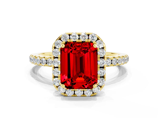 Yellow gold Emerald Cut Halo Round Diamond Pavé Band Four-Prong Ring