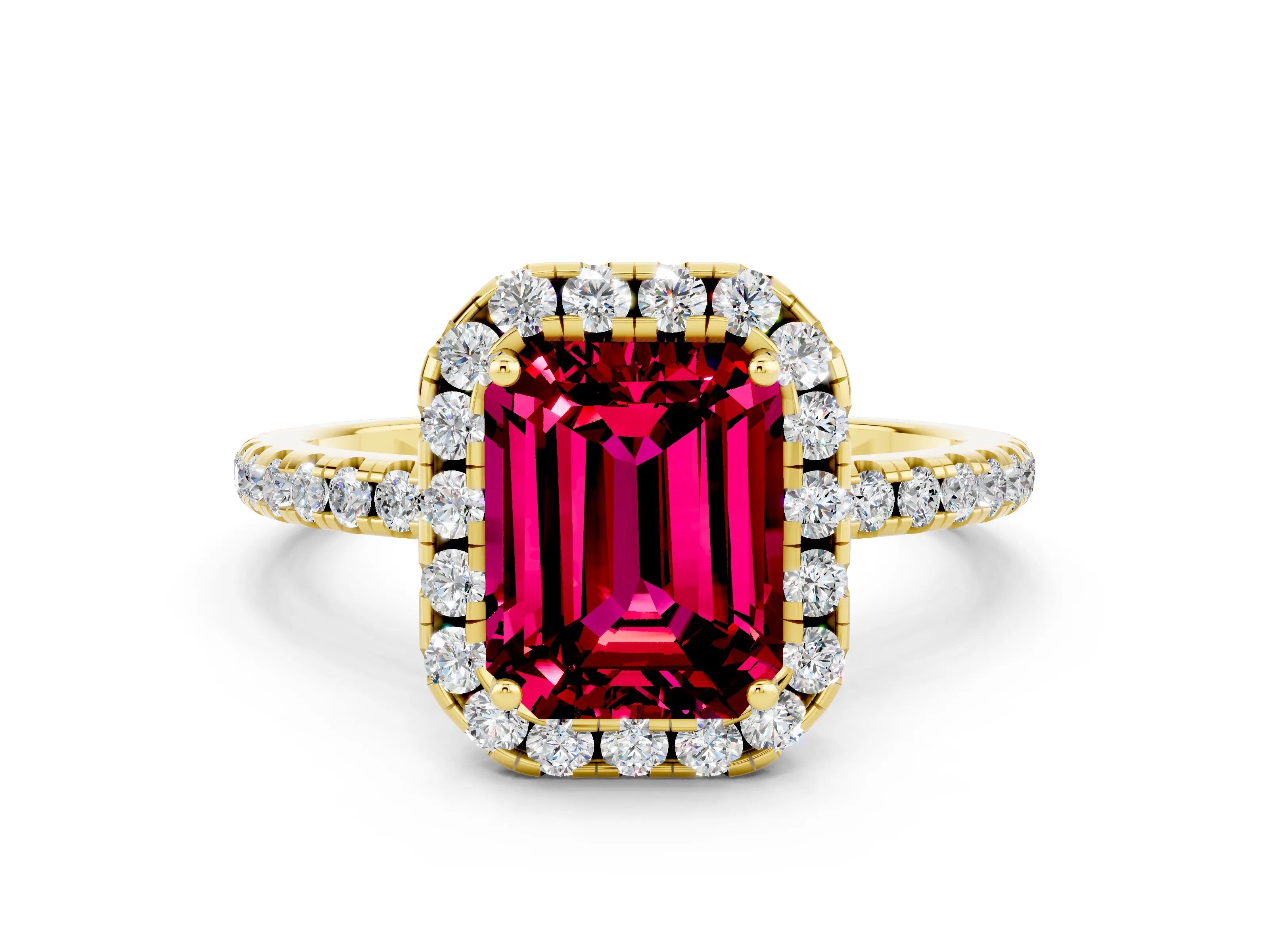 Yellow gold Emerald Cut Halo Round Diamond Pavé Band Four-Prong Ring