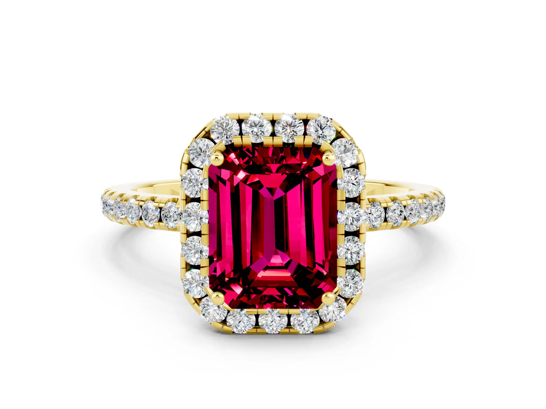 Yellow gold Emerald Cut Halo Round Diamond Pavé Band Four-Prong Ring