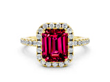 Yellow gold Emerald Cut Halo Round Diamond Pavé Band Four-Prong Ring