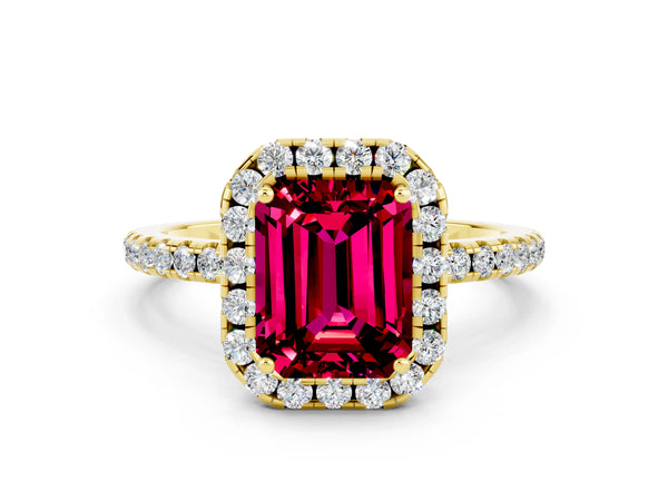 Yellow gold Emerald Cut Garnet Halo Ring with Round Pavé Band and Prong Setting