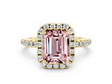 Yellow gold Emerald Cut Halo Round Diamond Pavé Band Four-Prong Ring