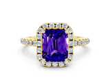 Yellow gold Emerald Cut Halo Round Diamond Pavé Band Four-Prong Ring