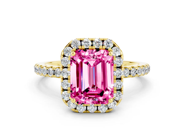 Yellow gold Emerald Cut Pink Sapphire Halo Ring with Round Pavé Band and Prong Setting