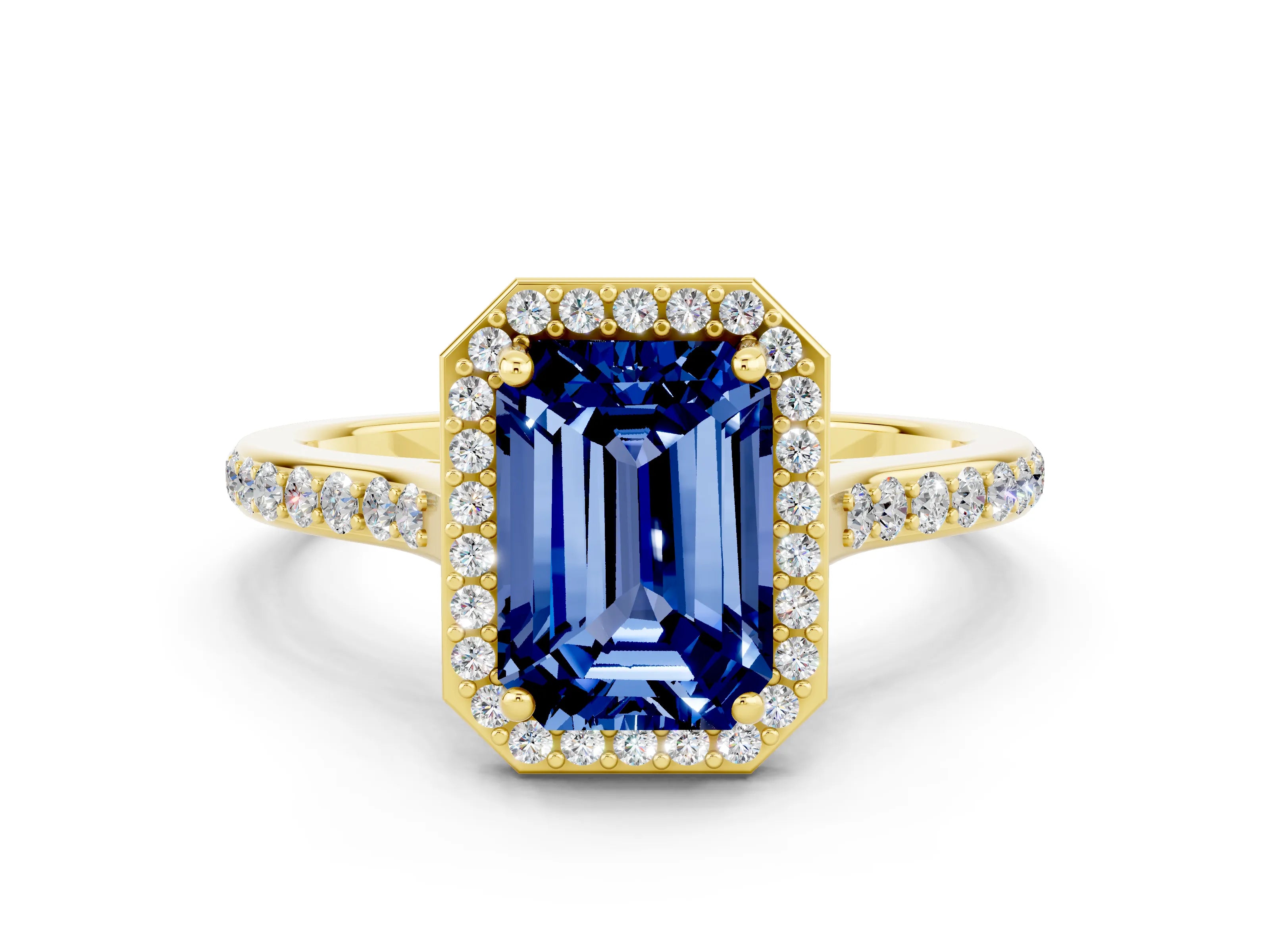 Yellow gold Emerald Cut Halo Round Diamond Pavé Band with Four-Prong Setting