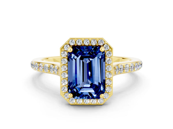 Yellow gold Emerald Cut Blue Sapphire Halo Engagement Ring with Round Pavé Shoulders and Prong Setting