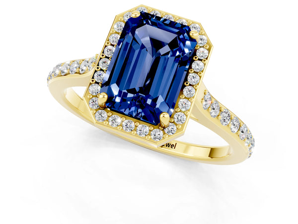 Yellow gold Emerald Cut Blue Sapphire Halo Engagement Ring with Round Pavé Shoulders and Prong Setting