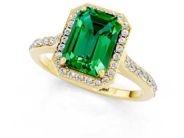 Yellow gold Emerald Cut Emerald Halo Engagement Ring with Round Pavé Shoulders and Prong Setting