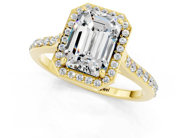 Yellow gold Emerald Cut Moissanite Halo Engagement Ring with Round Pavé Shoulders and Prong Setting