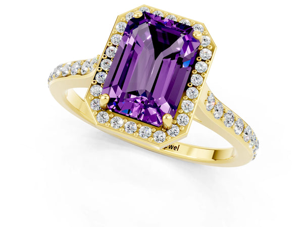 Yellow gold Emerald Cut Amethyst Halo Engagement Ring with Round Pavé Shoulders and Prong Setting