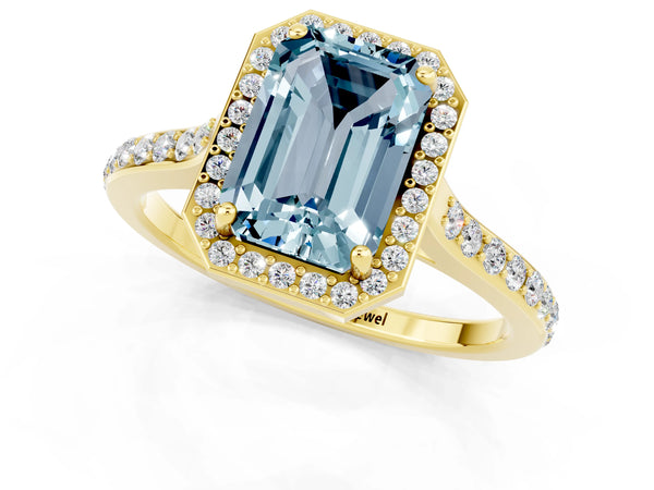 Yellow gold Emerald Cut Aquamarine Halo Engagement Ring with Round Pavé Shoulders and Prong Setting