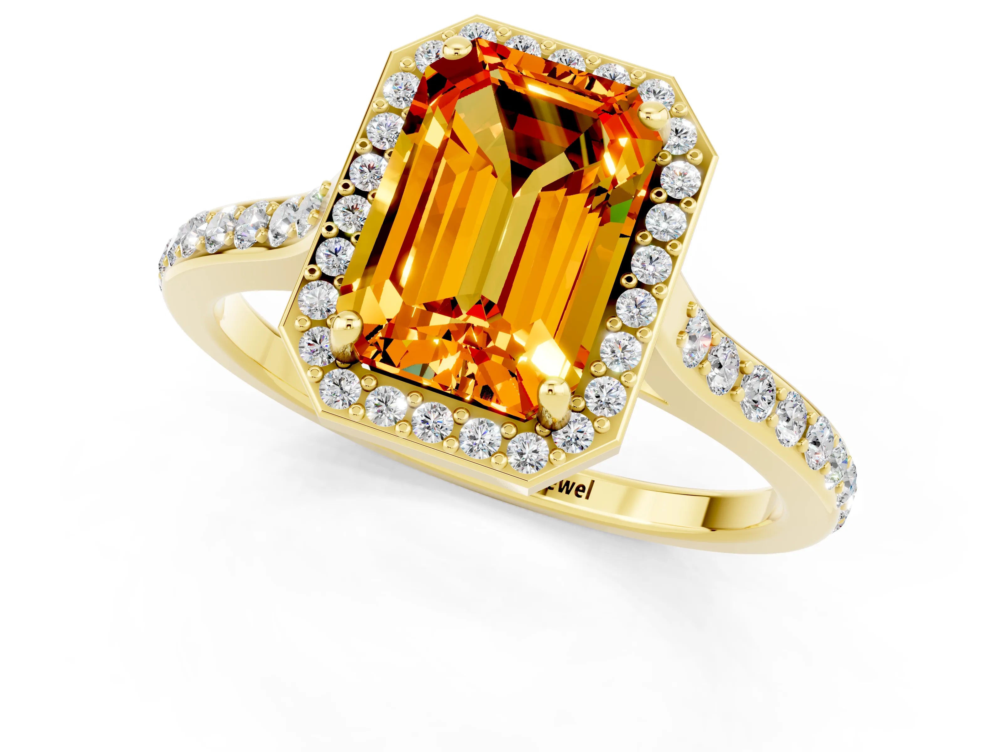 Yellow gold Emerald Cut Halo Round Diamond Pavé Band with Four-Prong Setting_1