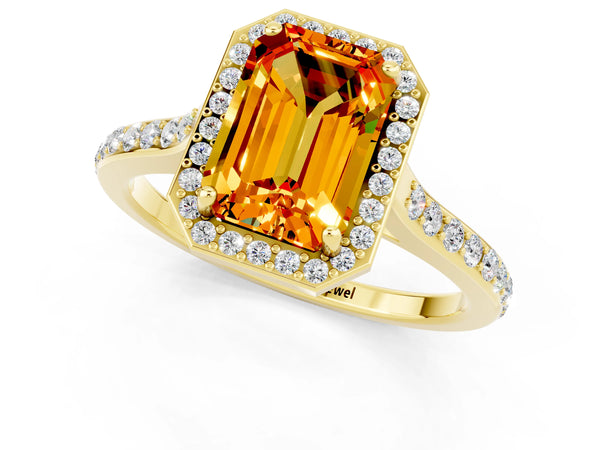 Yellow gold Emerald Cut Citrine Halo Engagement Ring with Round Pavé Shoulders and Prong Setting