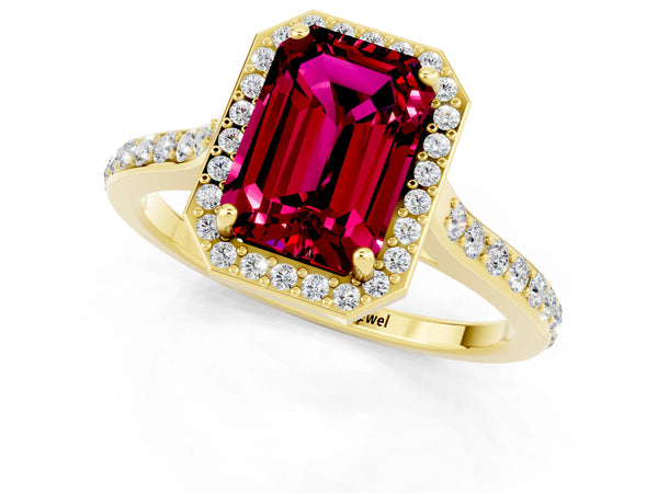 Yellow gold Emerald Cut Garnet Halo Engagement Ring with Round Pavé Shoulders and Prong Setting