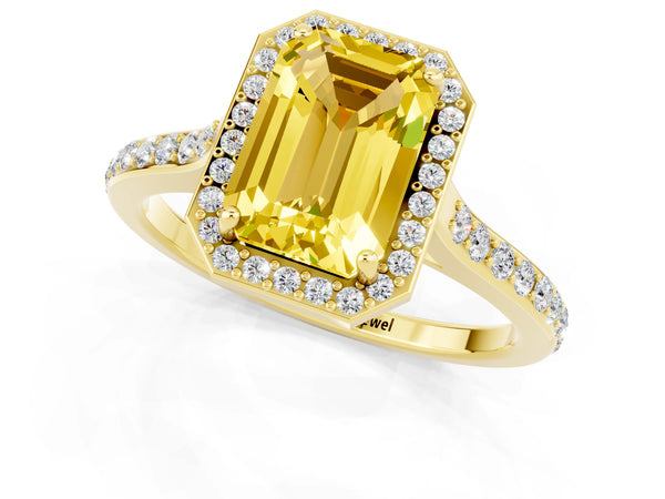 Yellow gold Emerald Cut Yellow Sapphire Halo Engagement Ring with Round Pavé Shoulders and Prong Setting