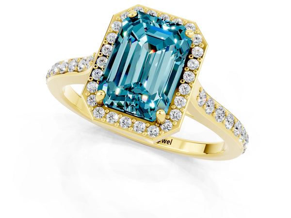 Yellow gold Emerald Cut Halo Round Diamond Pavé Band with Four-Prong Setting