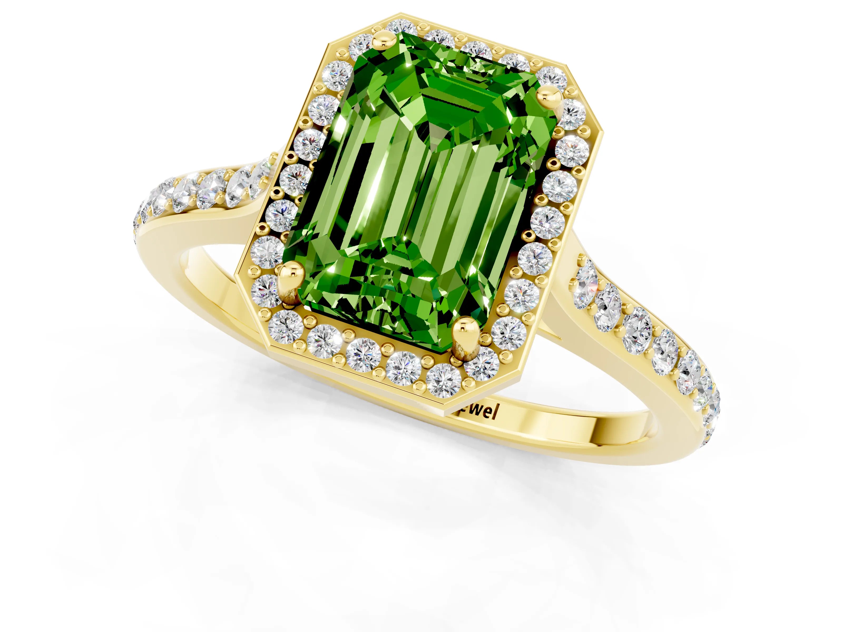 Yellow gold Emerald Cut Halo Round Diamond Pavé Band with Four-Prong Setting_1