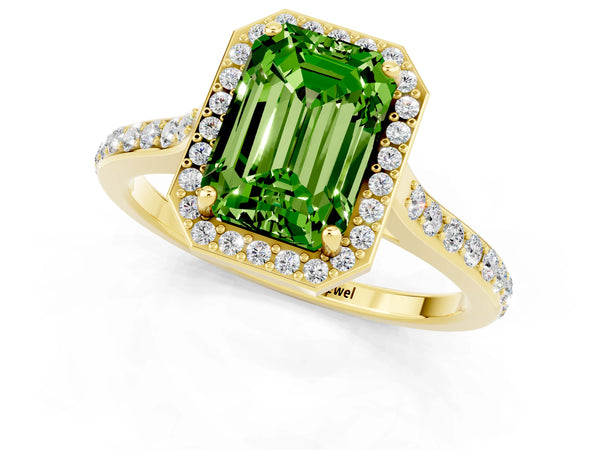 Yellow gold Emerald Cut Halo Round Diamond Pavé Band with Four-Prong Setting