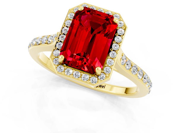 Yellow gold Emerald Cut Halo Round Diamond Pavé Band with Four-Prong Setting