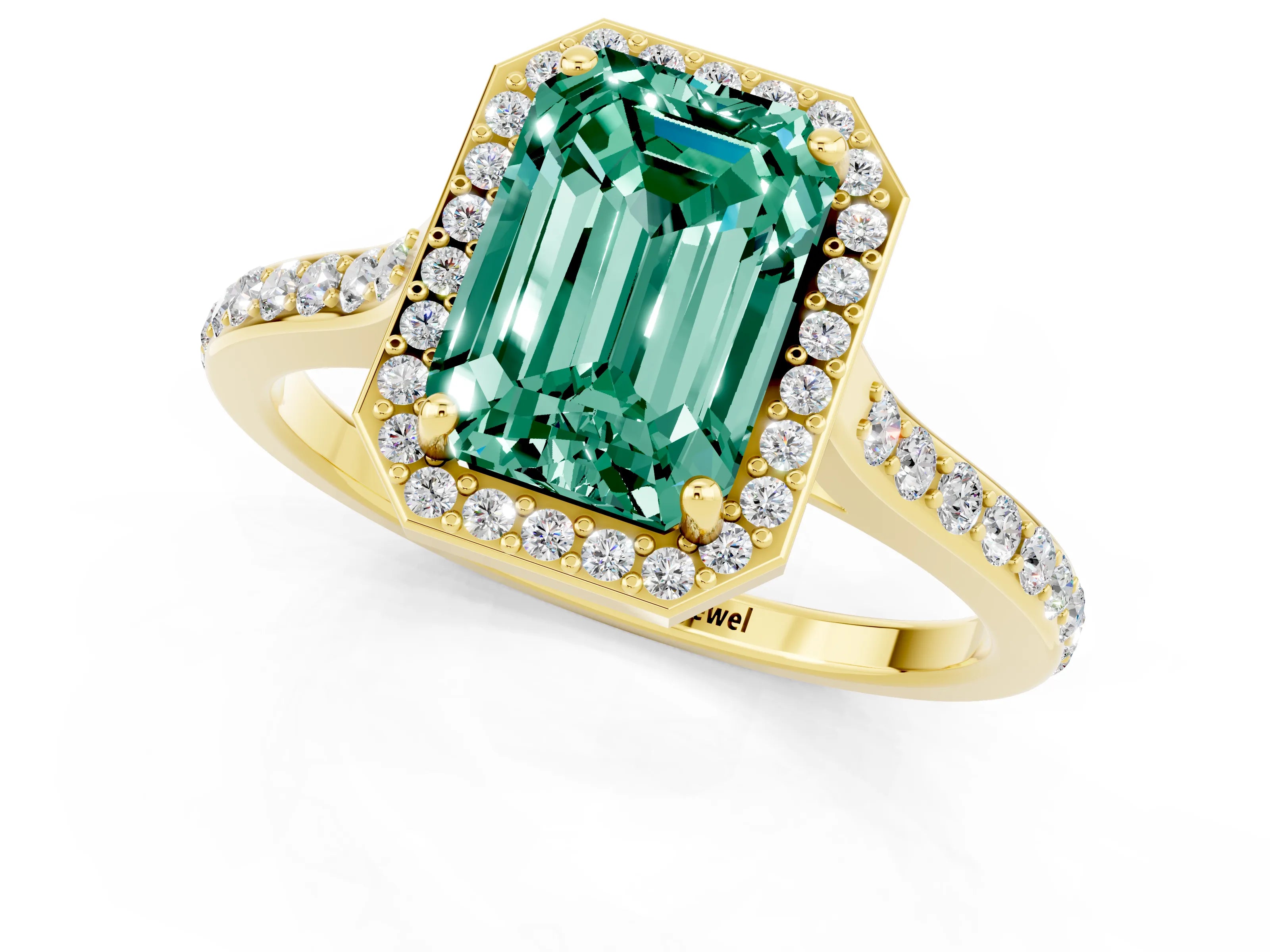 Yellow gold Emerald Cut Halo Round Diamond Pavé Band with Four-Prong Setting_1