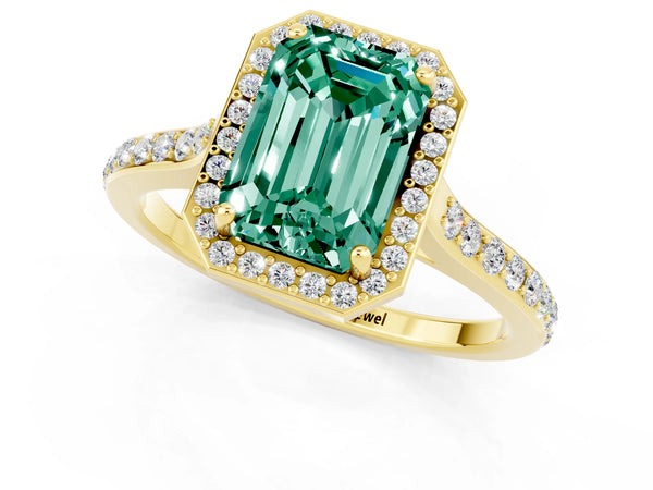Yellow gold Emerald Cut Green Sapphire Halo Engagement Ring with Round Pavé Shoulders and Prong Setting