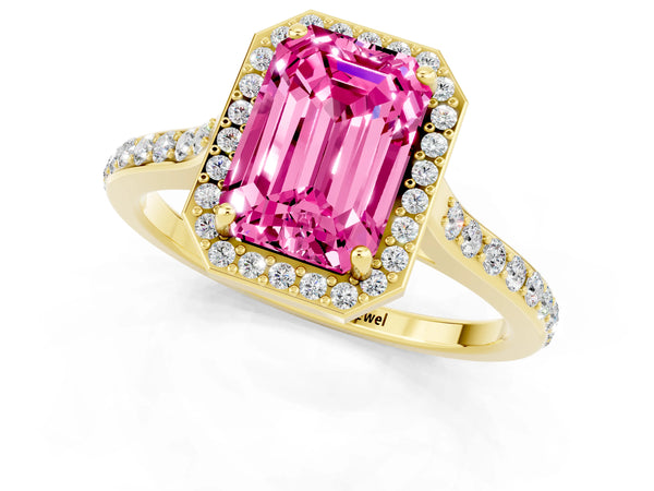 Yellow gold Emerald Cut Pink Sapphire Halo Engagement Ring with Round Pavé Shoulders and Prong Setting