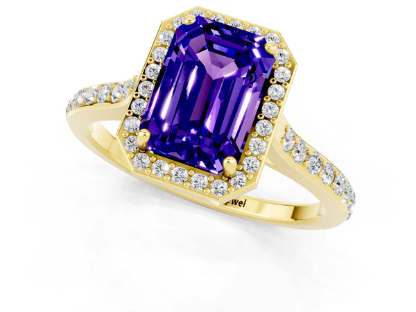 Yellow gold Emerald Cut Tanzanite Halo Engagement Ring with Round Pavé Shoulders and Prong Setting