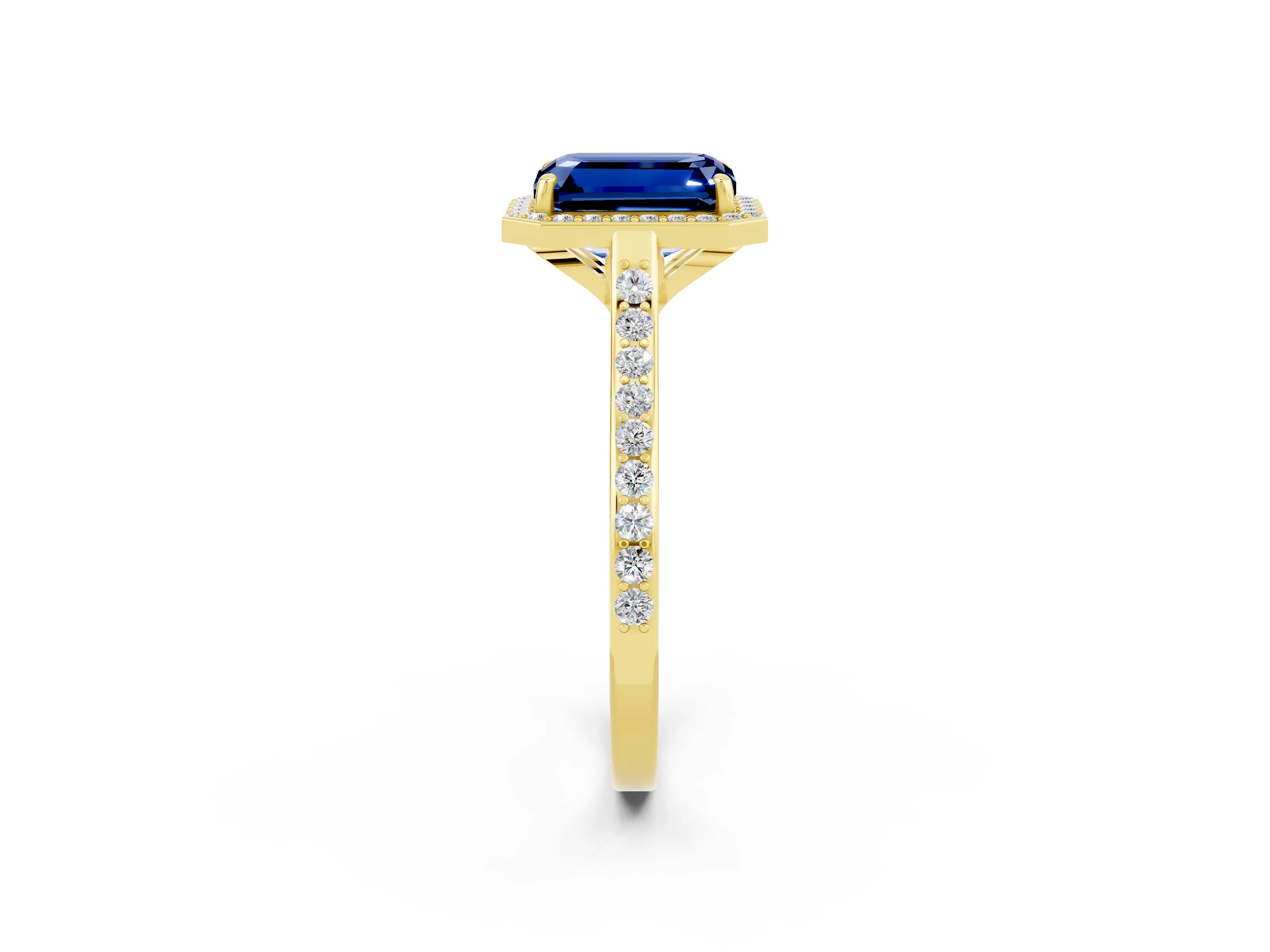 Yellow gold Emerald Cut Halo Round Diamond Pavé Band with Four-Prong Setting_2