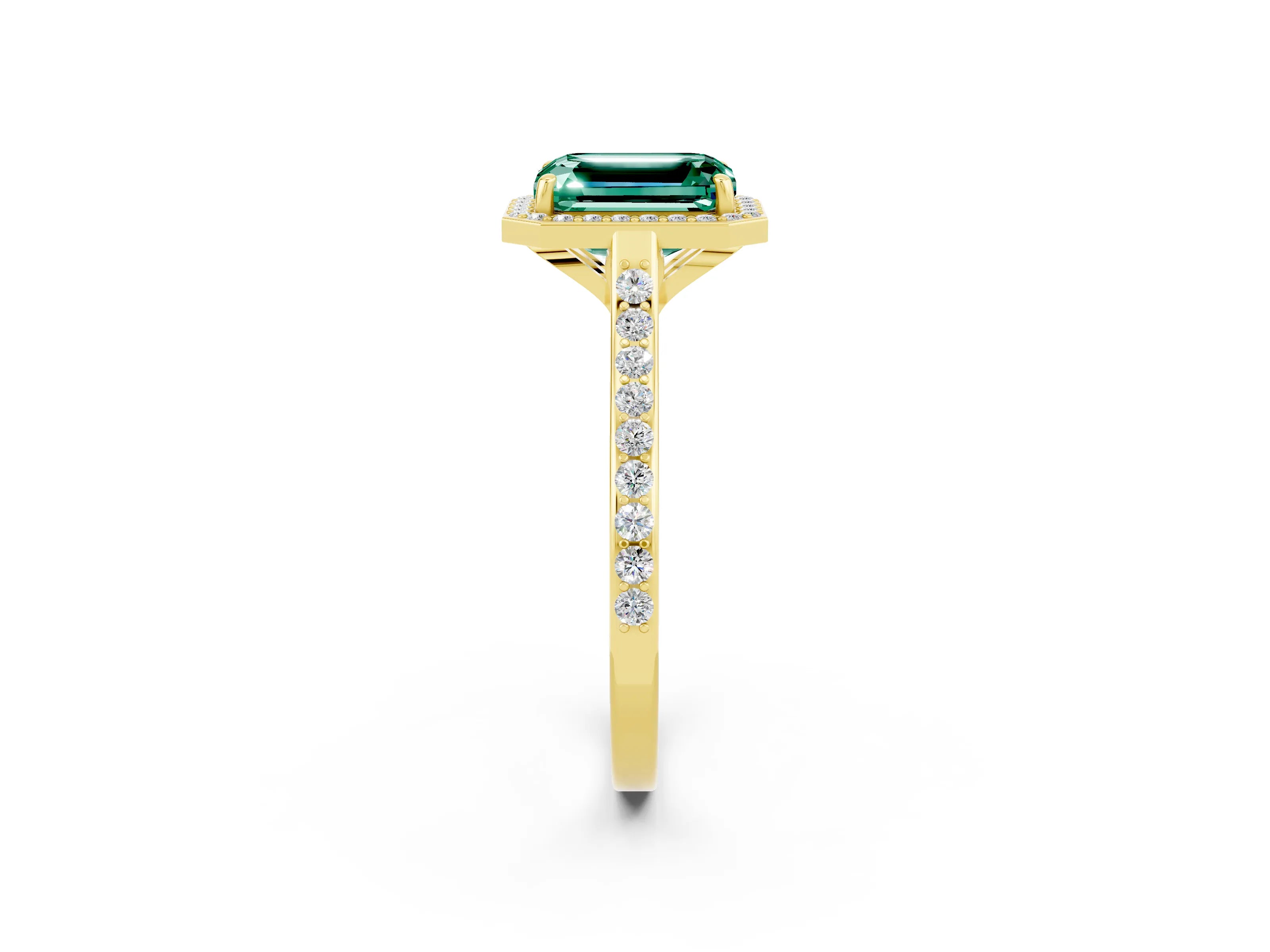Yellow gold Emerald Cut Halo Round Diamond Pavé Band with Four-Prong Setting_2
