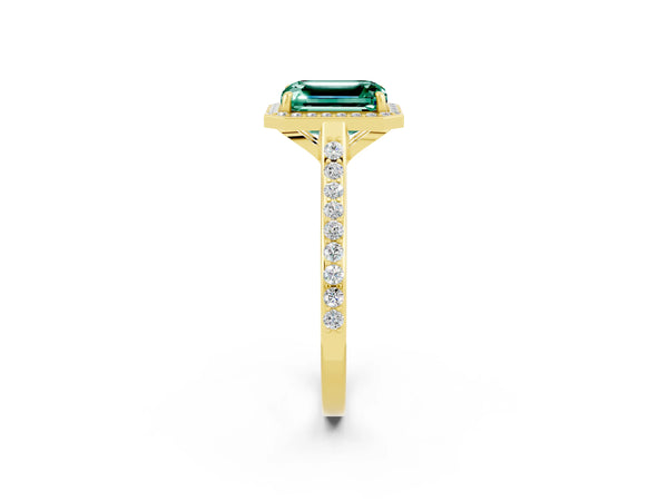 Yellow gold Emerald Cut Green Sapphire Halo Engagement Ring with Round Pavé Shoulders and Prong Setting