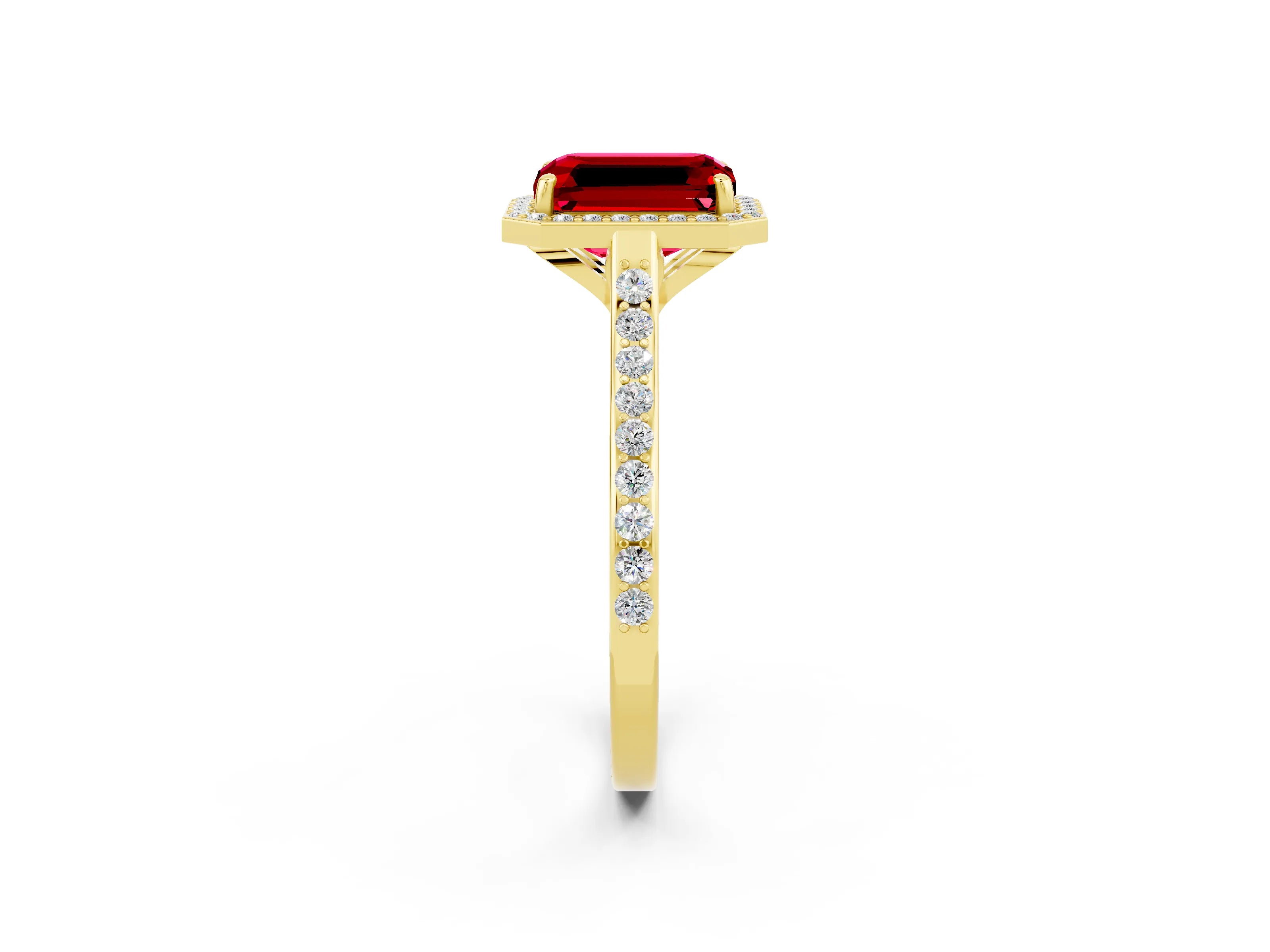 Yellow gold Emerald Cut Halo Round Diamond Pavé Band with Four-Prong Setting_2