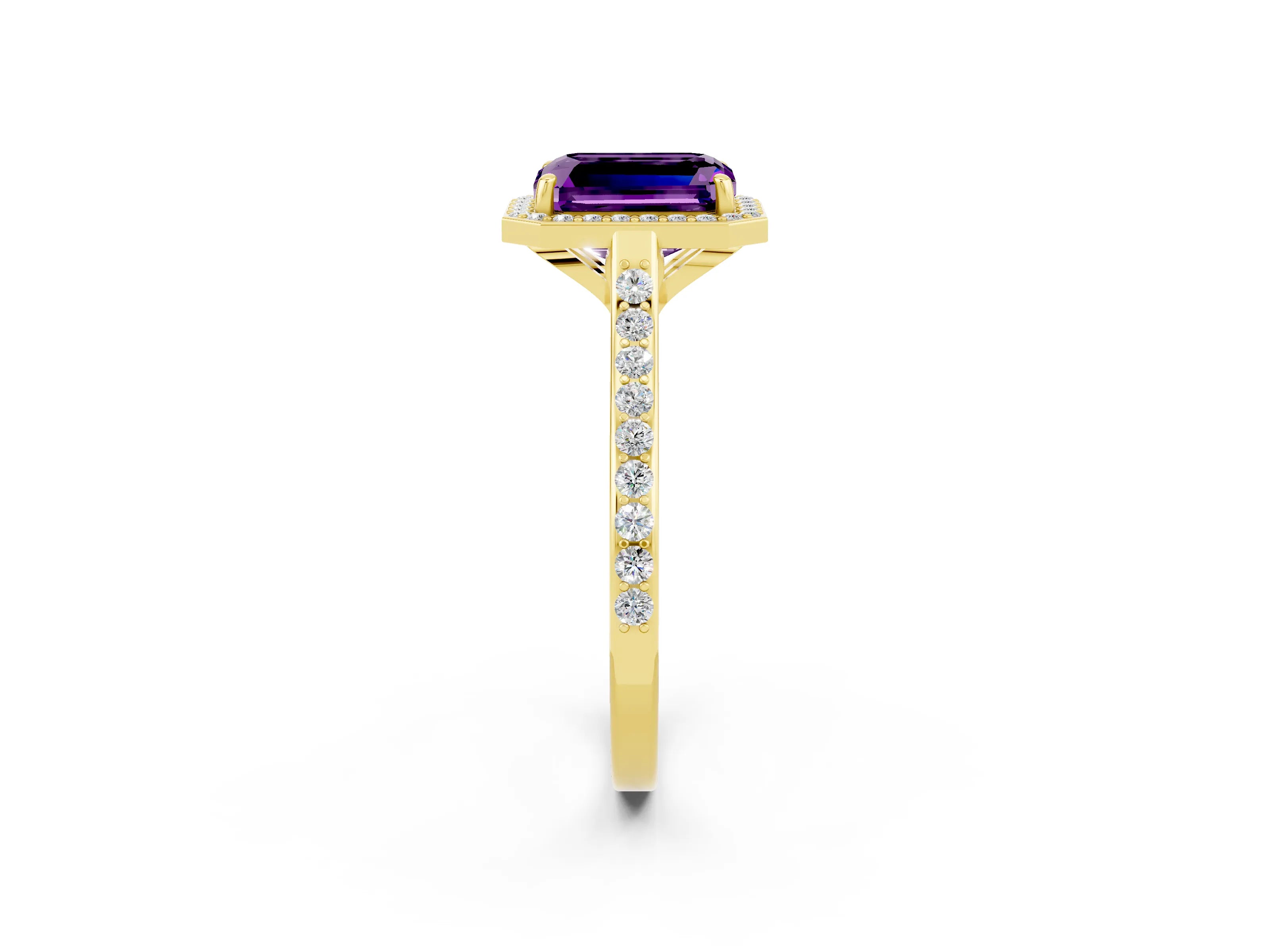 Yellow gold Emerald Cut Halo Round Diamond Pavé Band with Four-Prong Setting_2