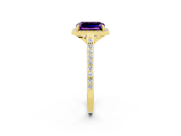 Yellow gold Emerald Cut Amethyst Halo Engagement Ring with Round Pavé Shoulders and Prong Setting