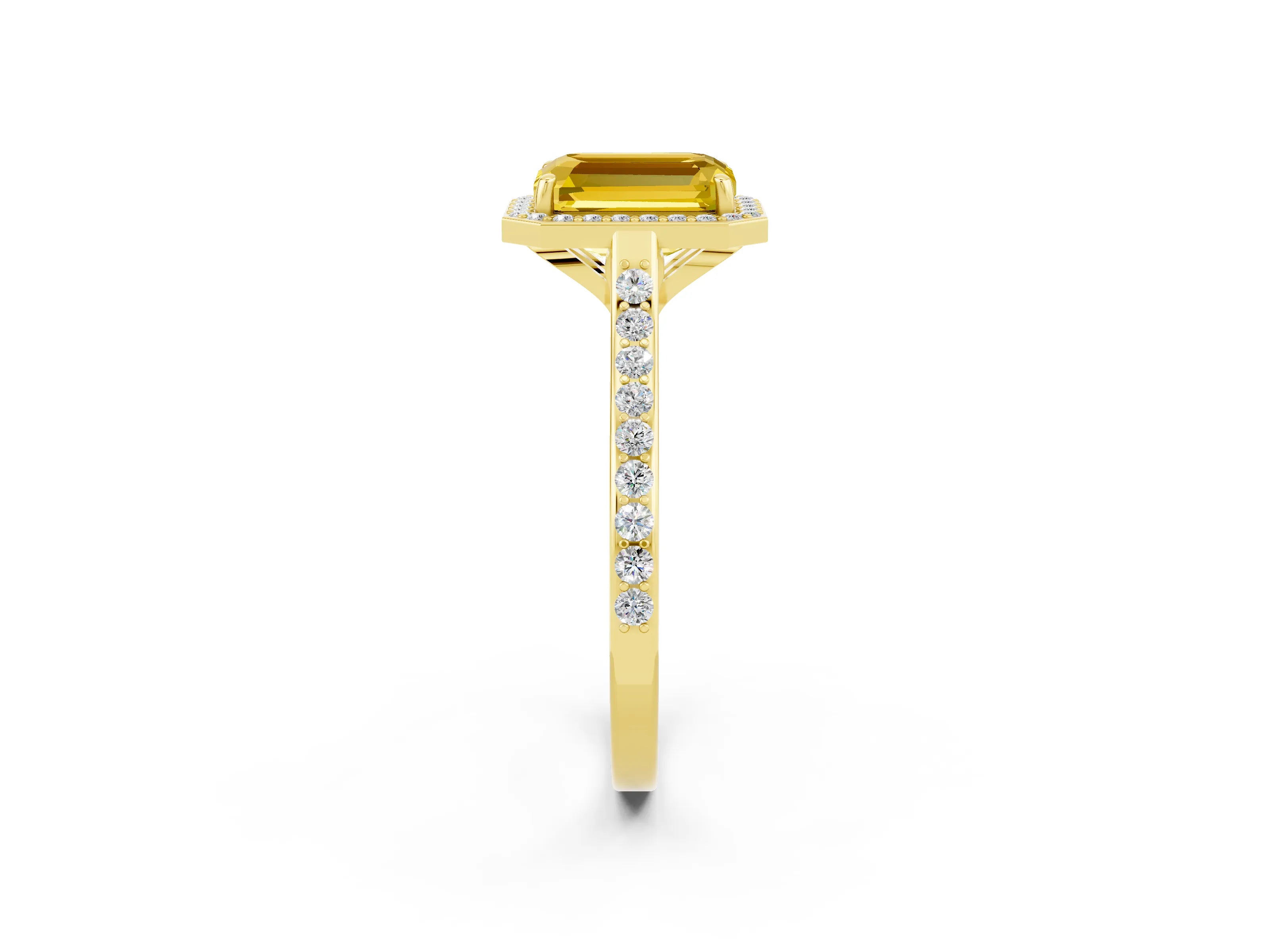 Yellow gold Emerald Cut Halo Round Diamond Pavé Band with Four-Prong Setting_2