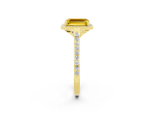 Yellow gold Emerald Cut Yellow Sapphire Halo Engagement Ring with Round Pavé Shoulders and Prong Setting