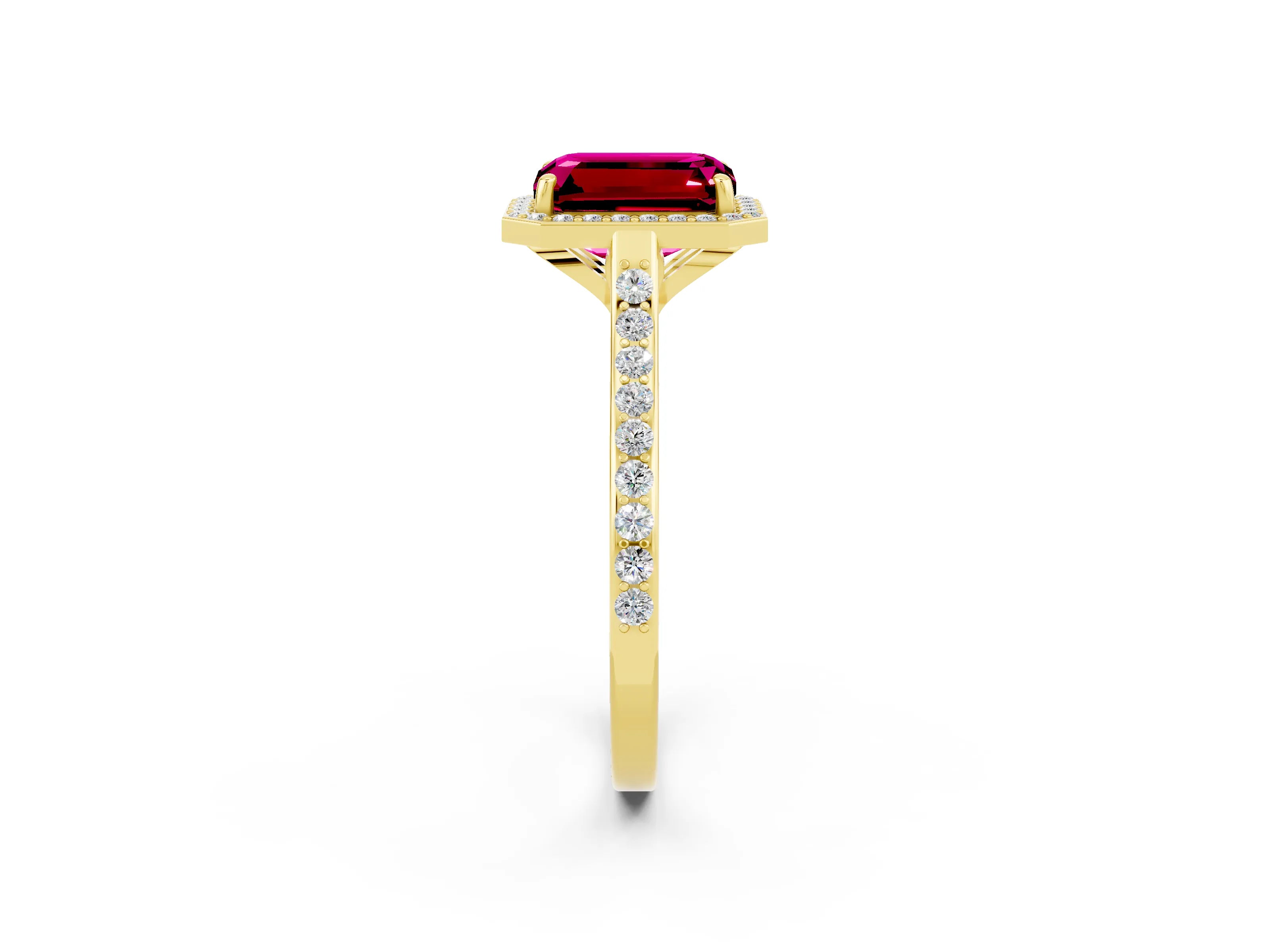 Yellow gold Emerald Cut Halo Round Diamond Pavé Band with Four-Prong Setting_2