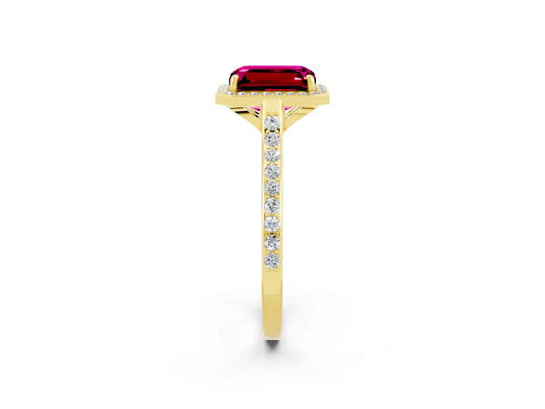 Yellow gold Emerald Cut Garnet Halo Engagement Ring with Round Pavé Shoulders and Prong Setting