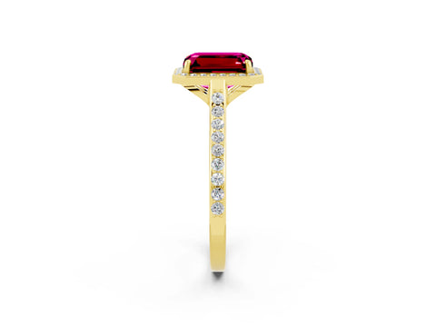 Yellow gold Emerald Cut Halo Round Diamond Pavé Band with Four-Prong Setting_2