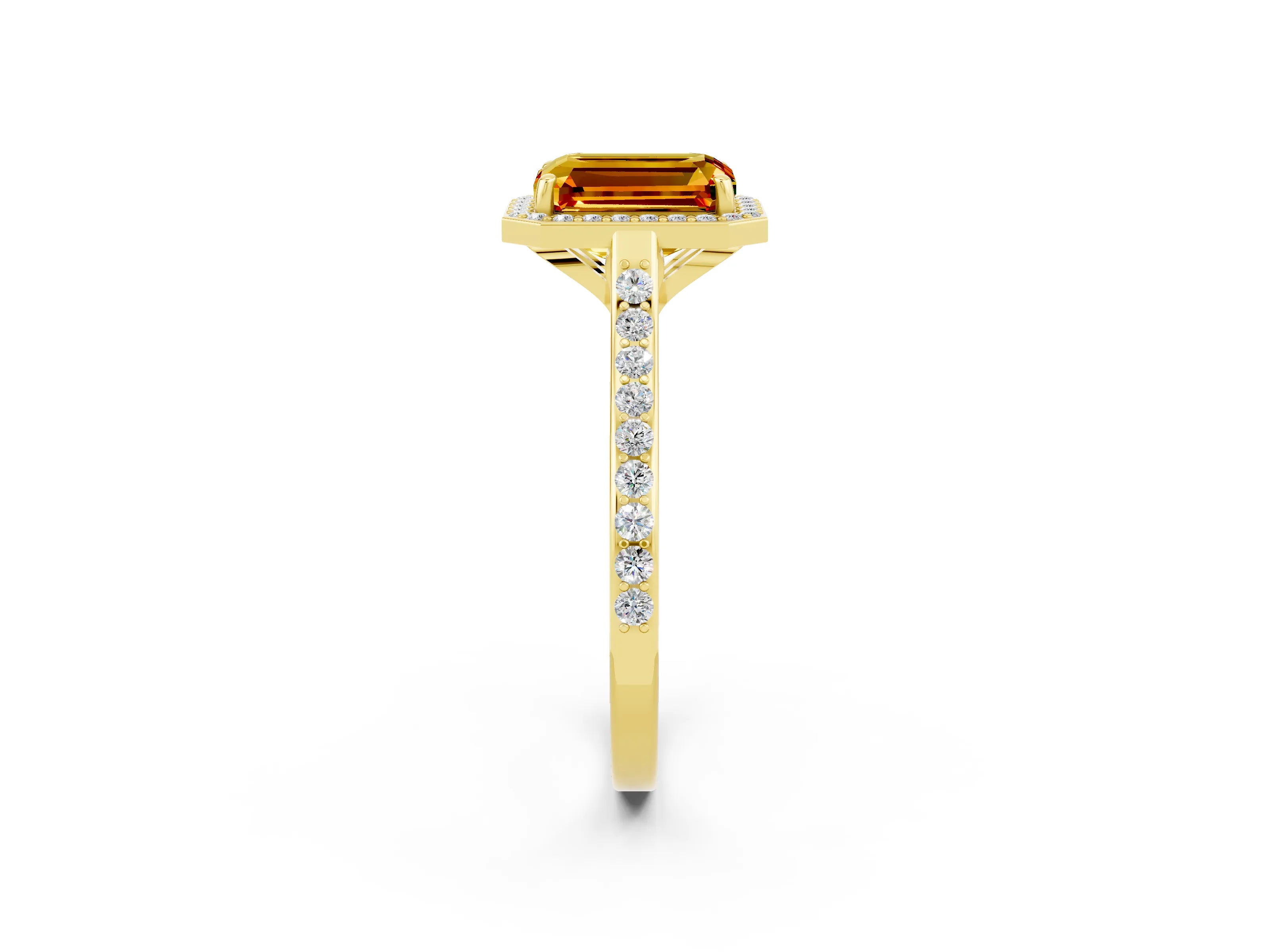 Yellow gold Emerald Cut Halo Round Diamond Pavé Band with Four-Prong Setting_2