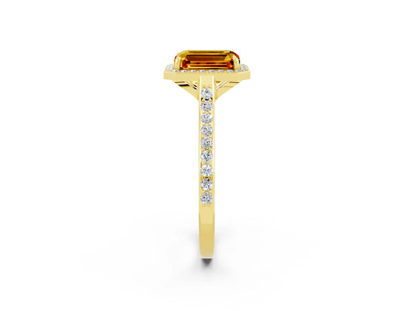 Yellow gold Emerald Cut Citrine Halo Engagement Ring with Round Pavé Shoulders and Prong Setting