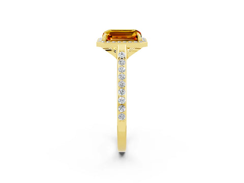 Yellow gold Emerald Cut Halo Round Diamond Pavé Band with Four-Prong Setting_2