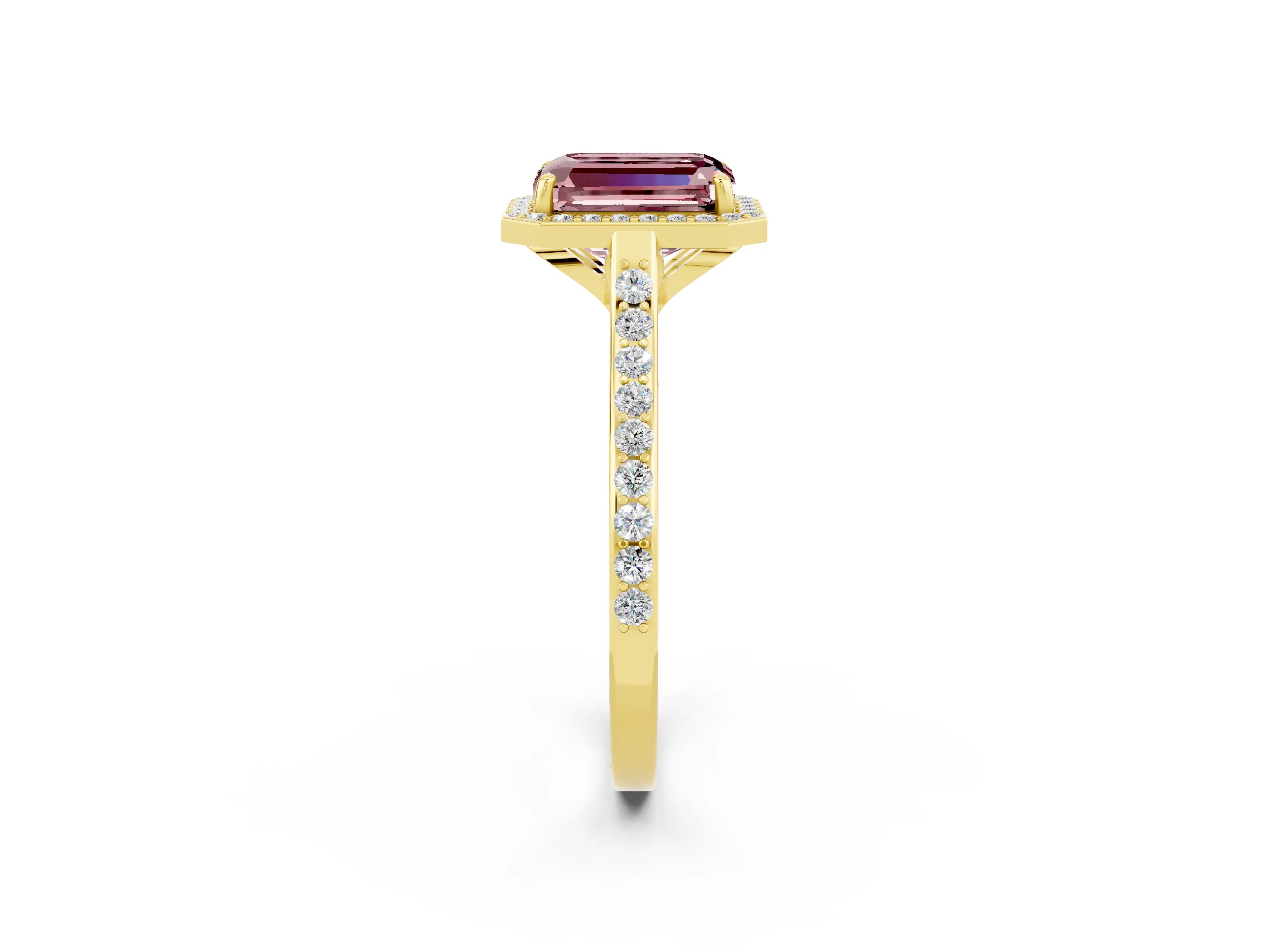 Yellow gold Emerald Cut Halo Round Diamond Pavé Band with Four-Prong Setting_2