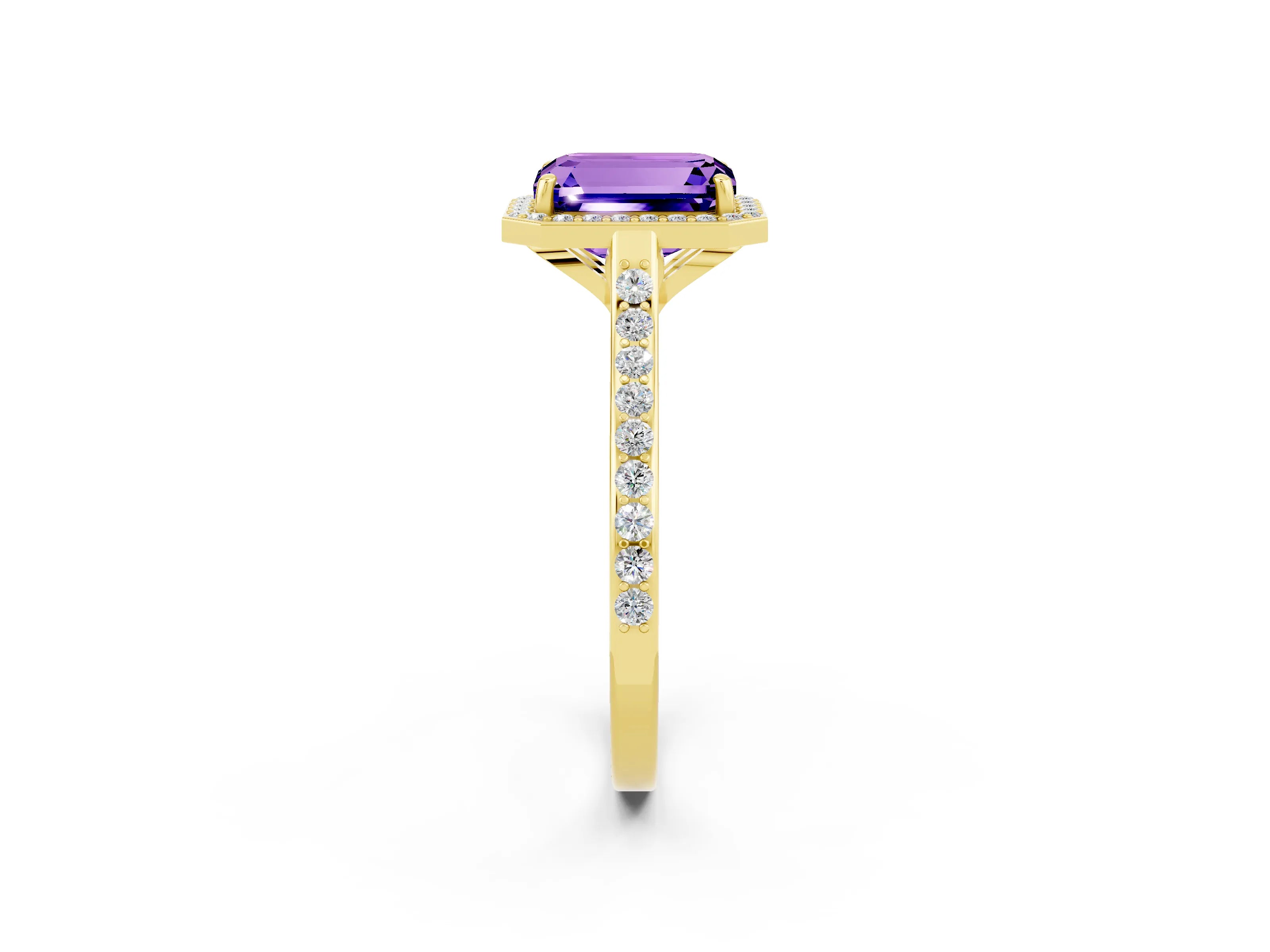 Yellow gold Emerald Cut Halo Round Diamond Pavé Band with Four-Prong Setting_2