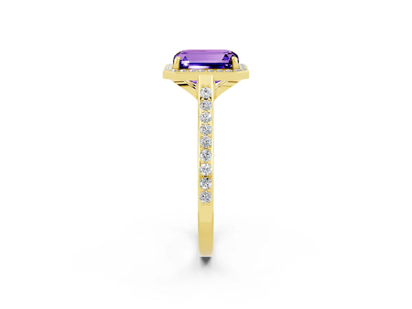 Yellow gold Emerald Cut Tanzanite Halo Engagement Ring with Round Pavé Shoulders and Prong Setting